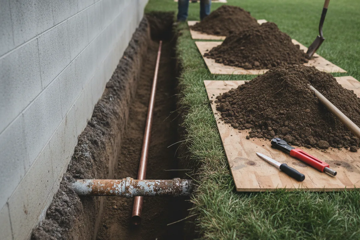Excavated water line trench during Sewer Line Repair in Fancy Farm